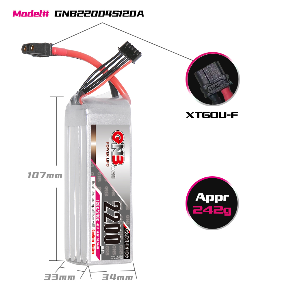 4PCS - GAONENG GNB 4S 14.8V 2200mAh 120C XT60 LiPo Battery