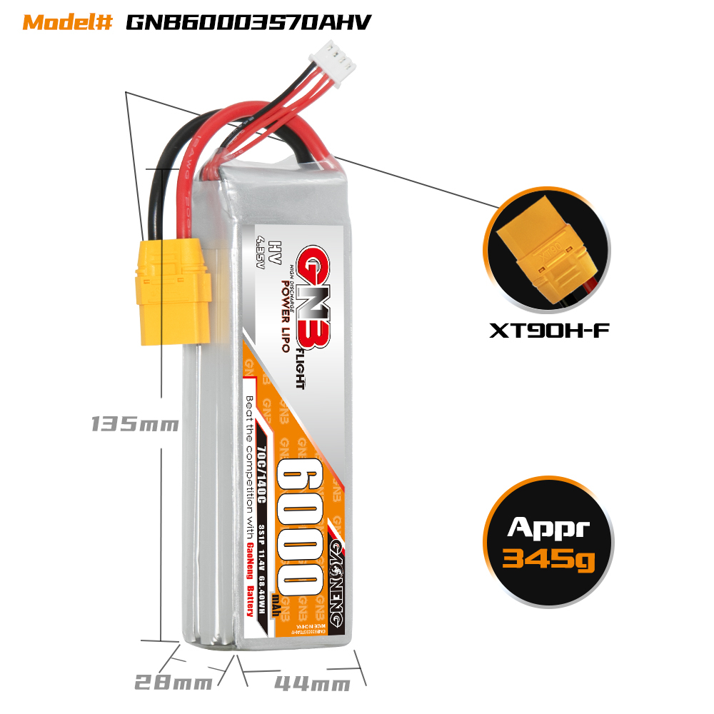 1PC - GAONENG GNB HV 3S 11.4V 6000mAh 70C LiPo Battery XT90
