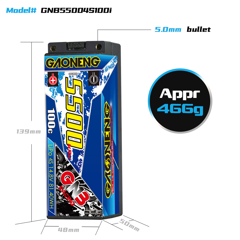 GAONENG GNB 4S 14.8V 5500mAh 100C 5mm Bullet Hard Case LiPo Battery