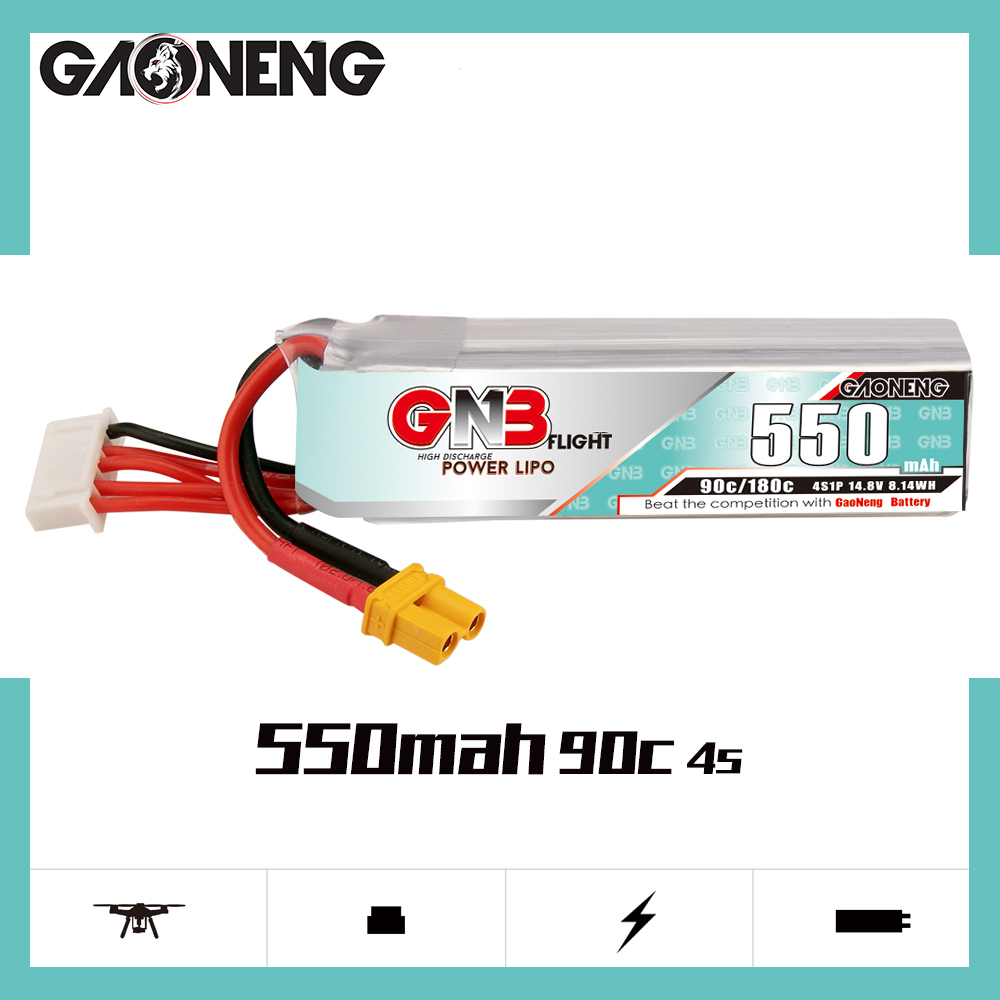 2PCS - GAONENG GNB 4S 14.8V 550mAh 90C XT30 LiPo Battery Long Type