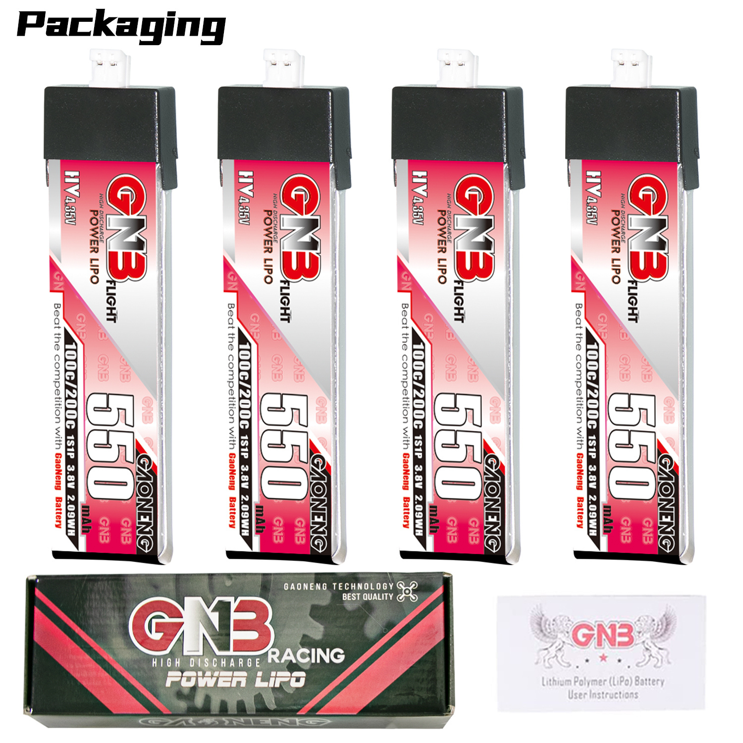 4PCS - GAONENG GNB LiHV 1S 3.8V 550mAh 100C PH2.0 Plastic Head LiPo Battery