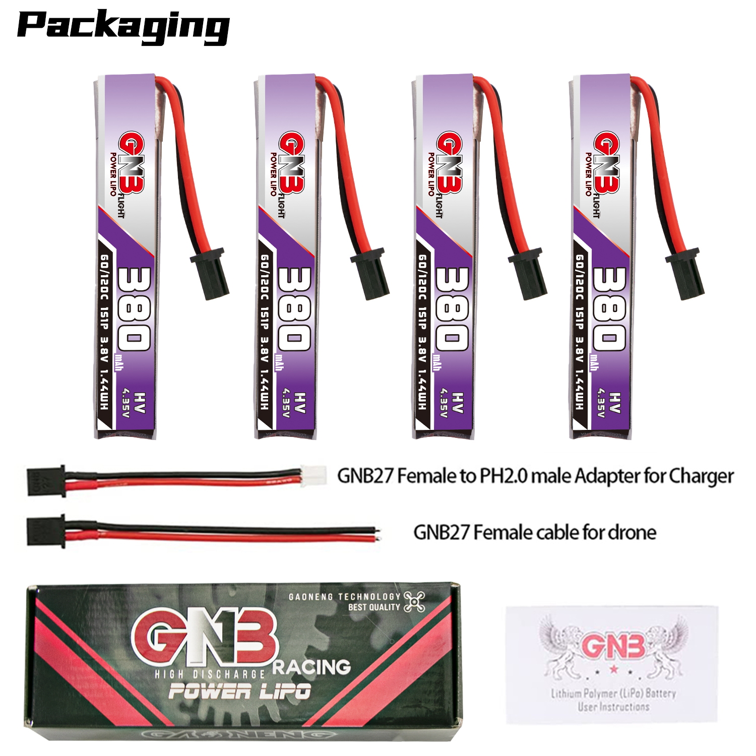 4PCS - GAONENG GNB LiHV 1S 3.8V 380mAh 60C GNB27 Cabled LiPo Battery
