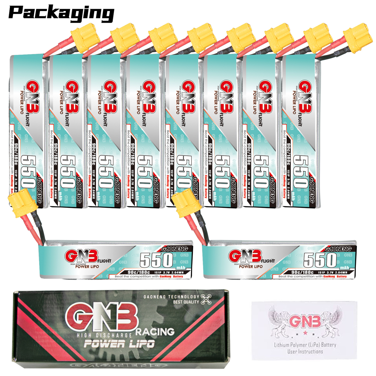 GAONENG GNB 1S 3.7V 550mAh 90C XT30 Cabled LiPo Battery Long Type