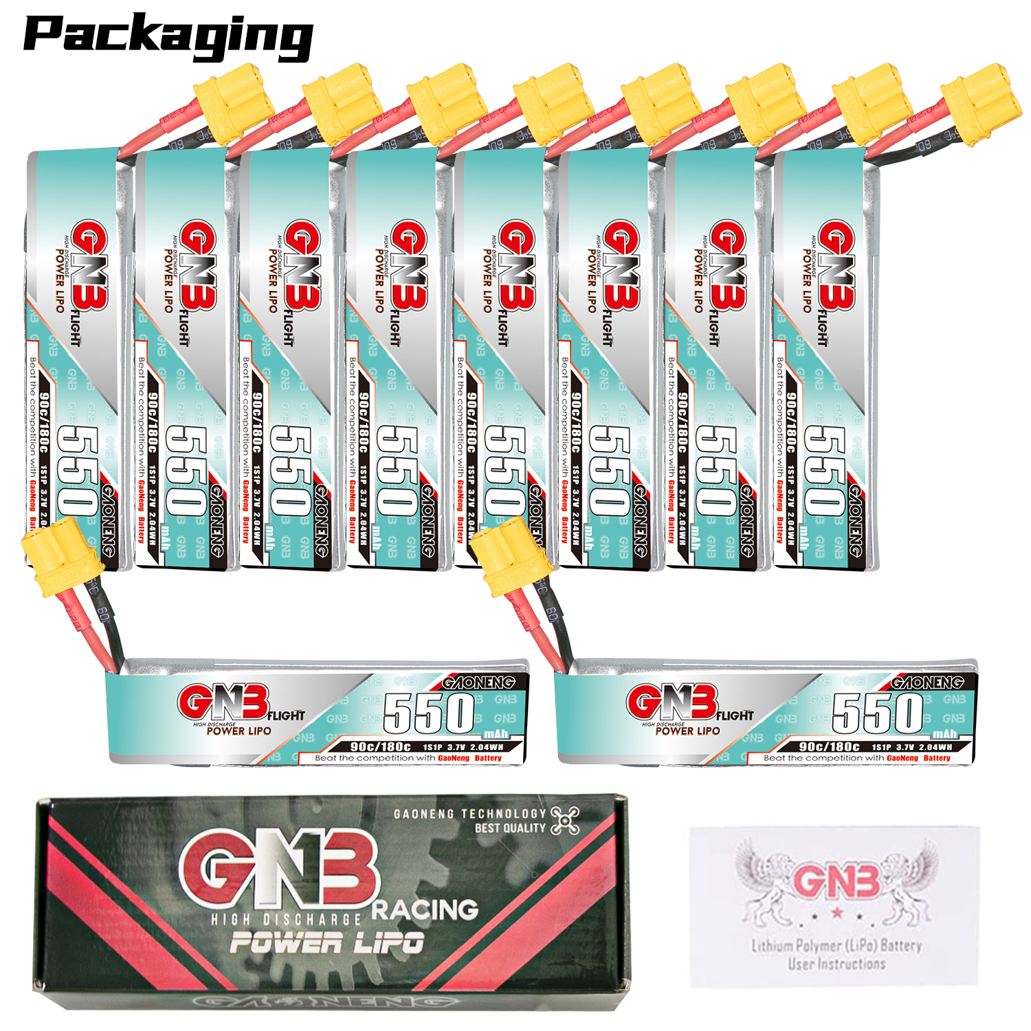 GAONENG GNB 1S 3.7V 550mAh 90C XT30 Cabled LiPo Battery Long Type