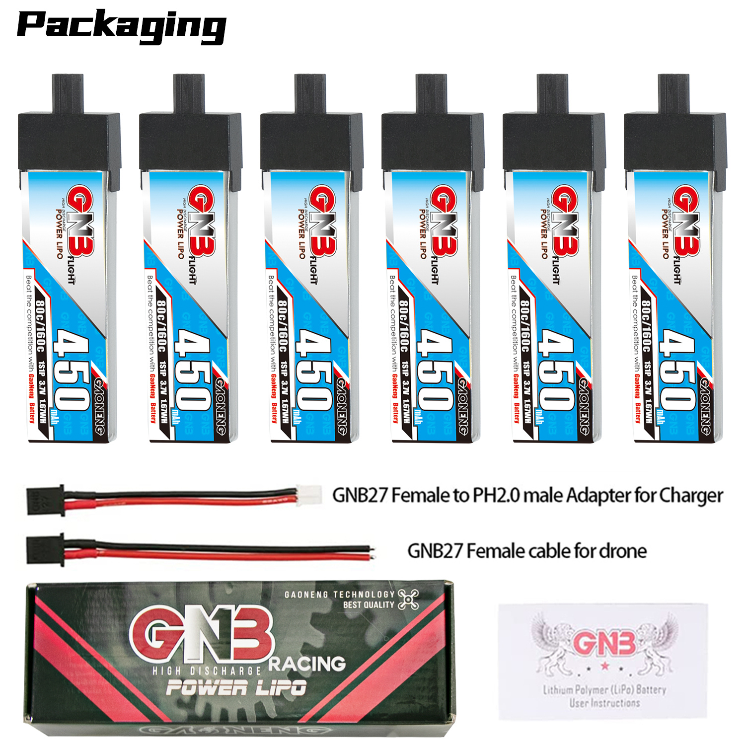 GAONENG GNB 1S 3.7V 450mAh 80C GNB27 Plastic Head LiPo Battery Long Type