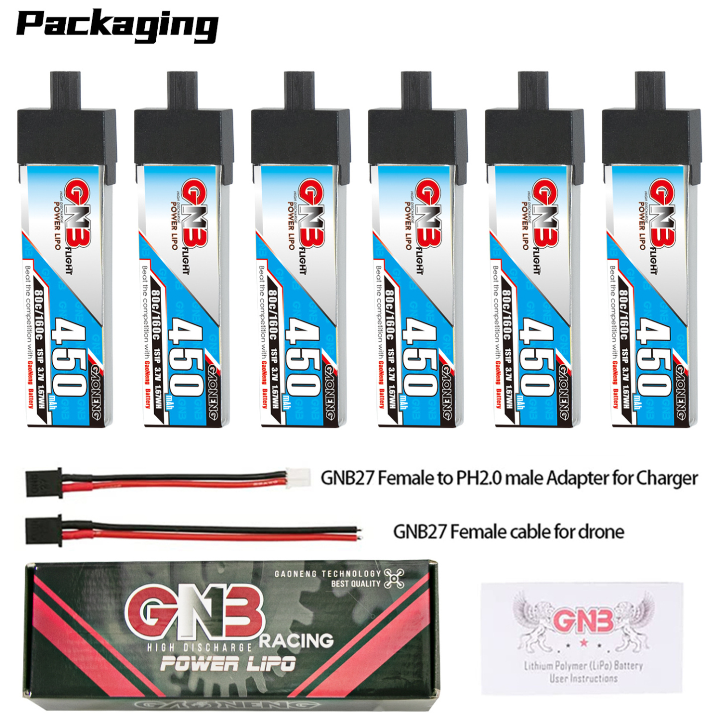 GAONENG GNB 1S 3.7V 450mAh 80C GNB27 Plastic Head LiPo Battery Long Type