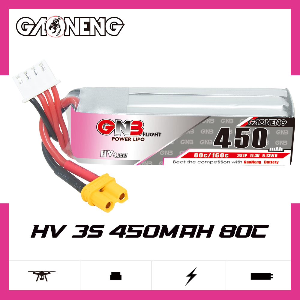 GAONENG GNB LiHV 3S 11.4V 450mAh 80C XT30 LiPo Battery Long Type