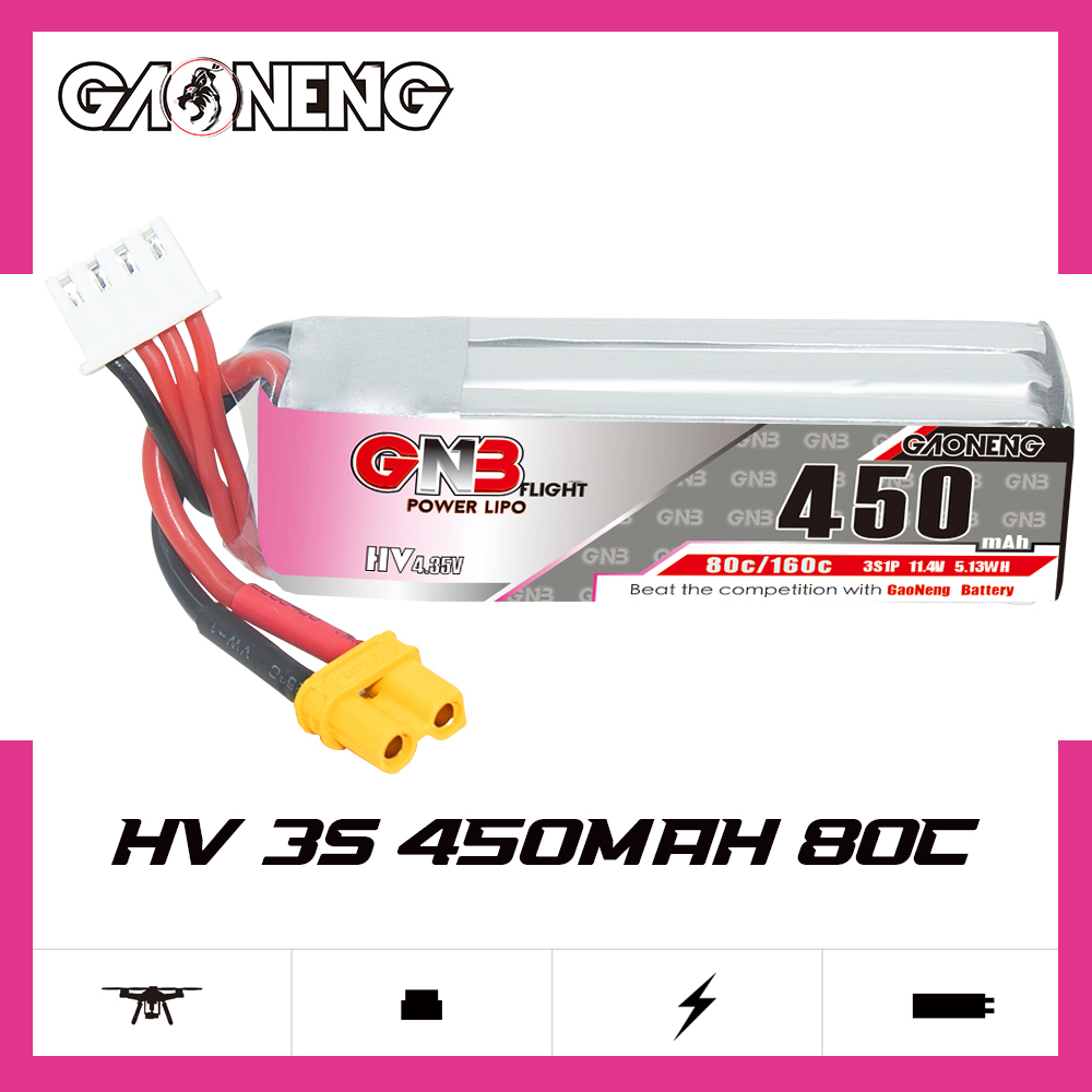 GAONENG GNB LiHV 3S 11.4V 450mAh 80C XT30 LiPo Battery Long Type
