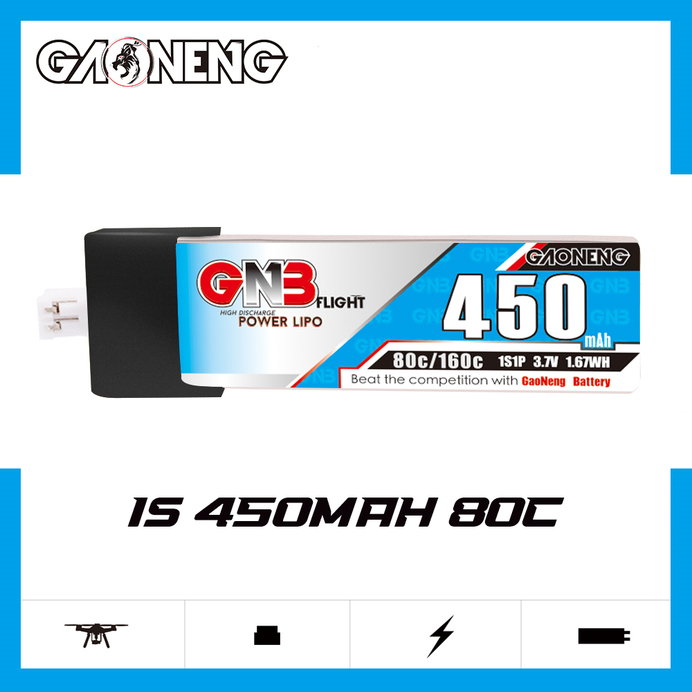 GAONENG GNB 1S 3.7V 450mAh 80C PH2.0 Plastic Head LiPo Battery Long Type