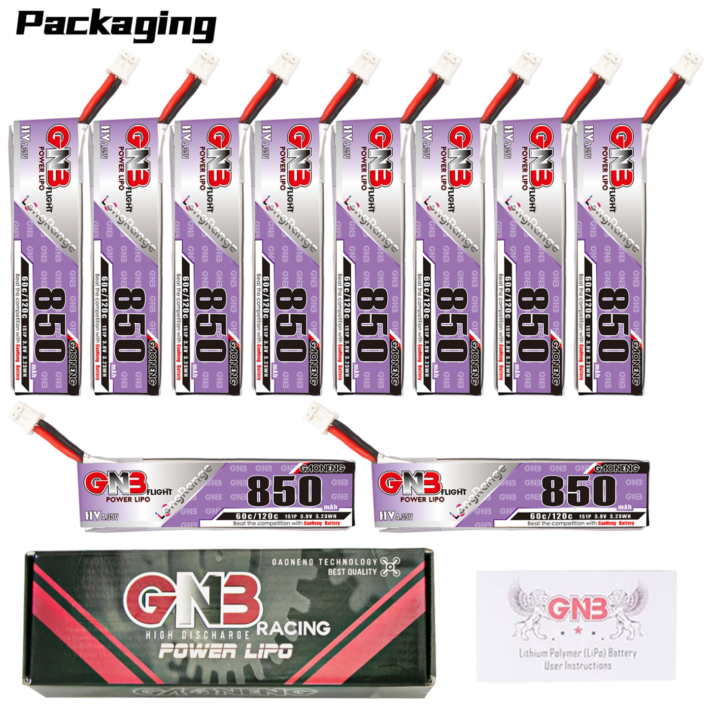 GAONENG GNB LiHV 1S 3.8V 850mAh 60C PH2.0 Cabled LiPo Battery Long Range