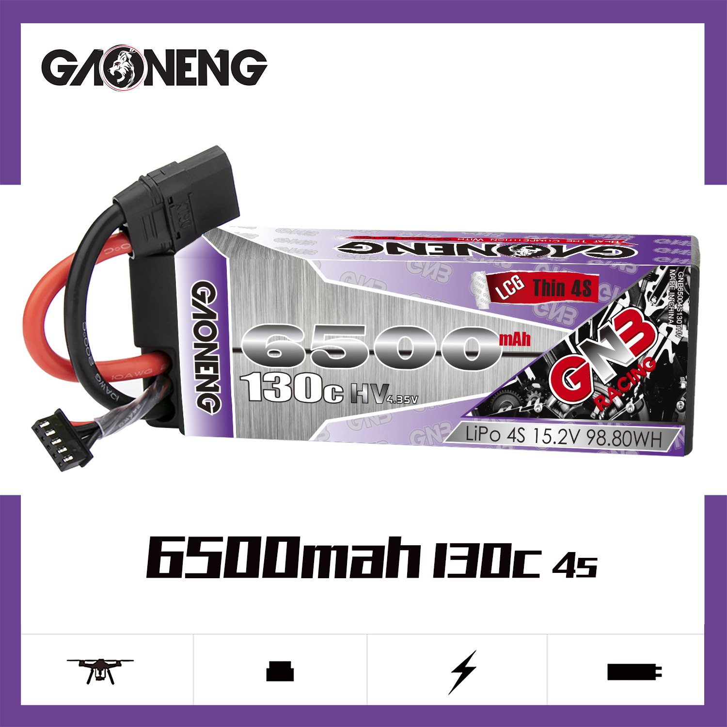1PCS - GAONENG GNB LiHV 4S 15.2V 6500mAh 130C Hard Case LCG LiPo Battery XT90