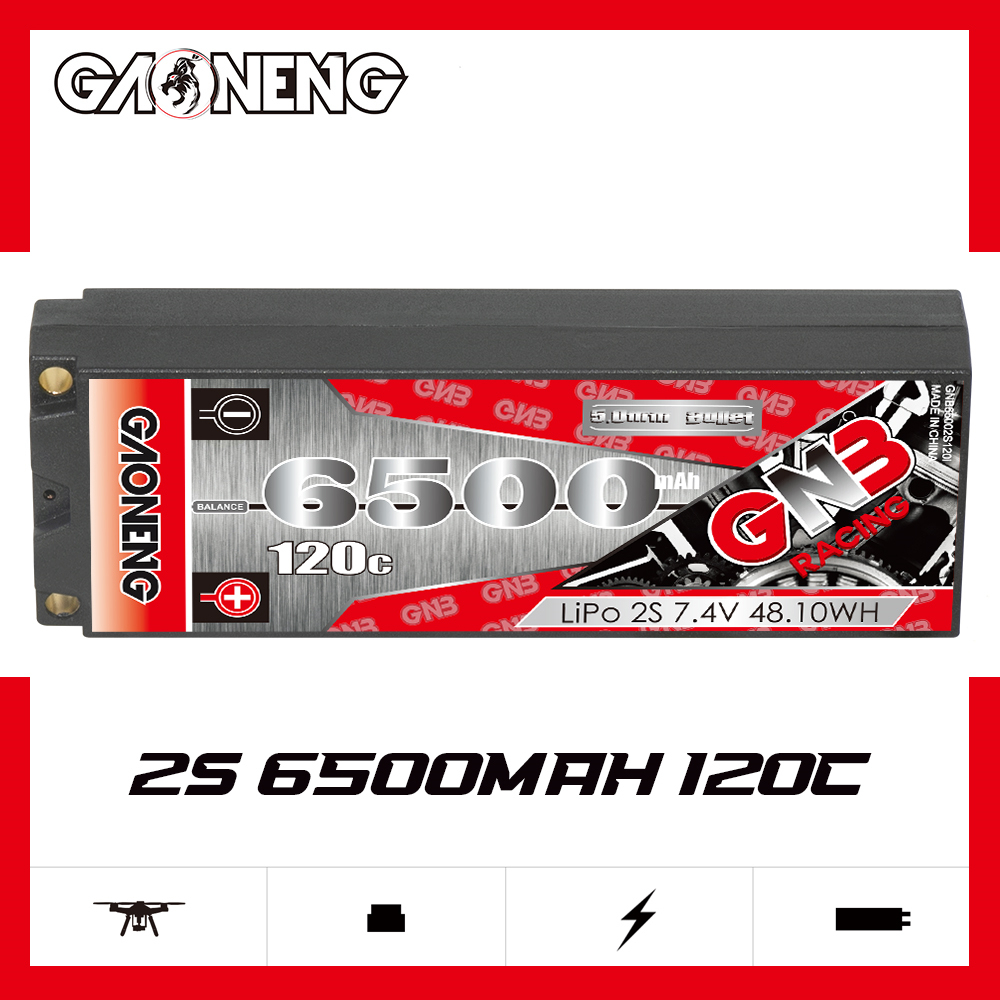 1PC - GAONENG GNB 2S 7.4V 6500mAh 120C 5mm Bullet Hard Case LiPo Battery T-PLUG
