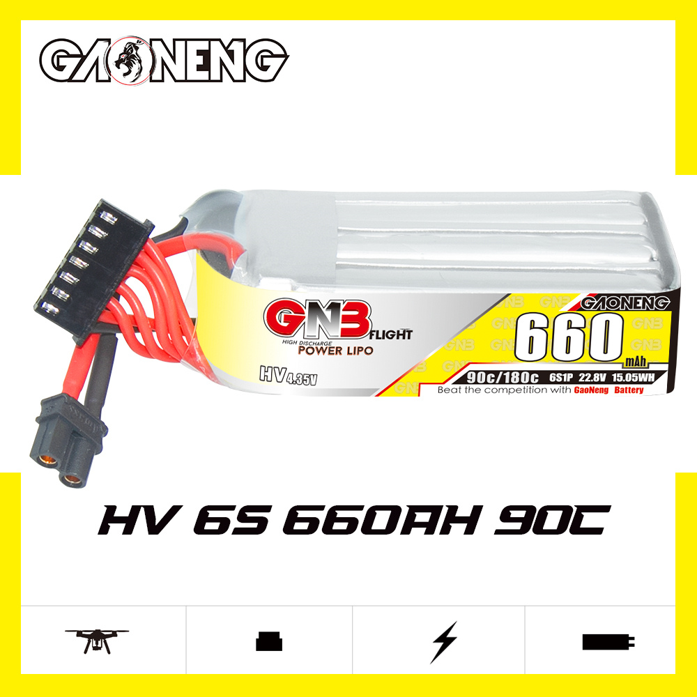 GAONENG GNB LiHV 6S 22.8V 660mAh 90C XT30 LiPo Battery Long Type