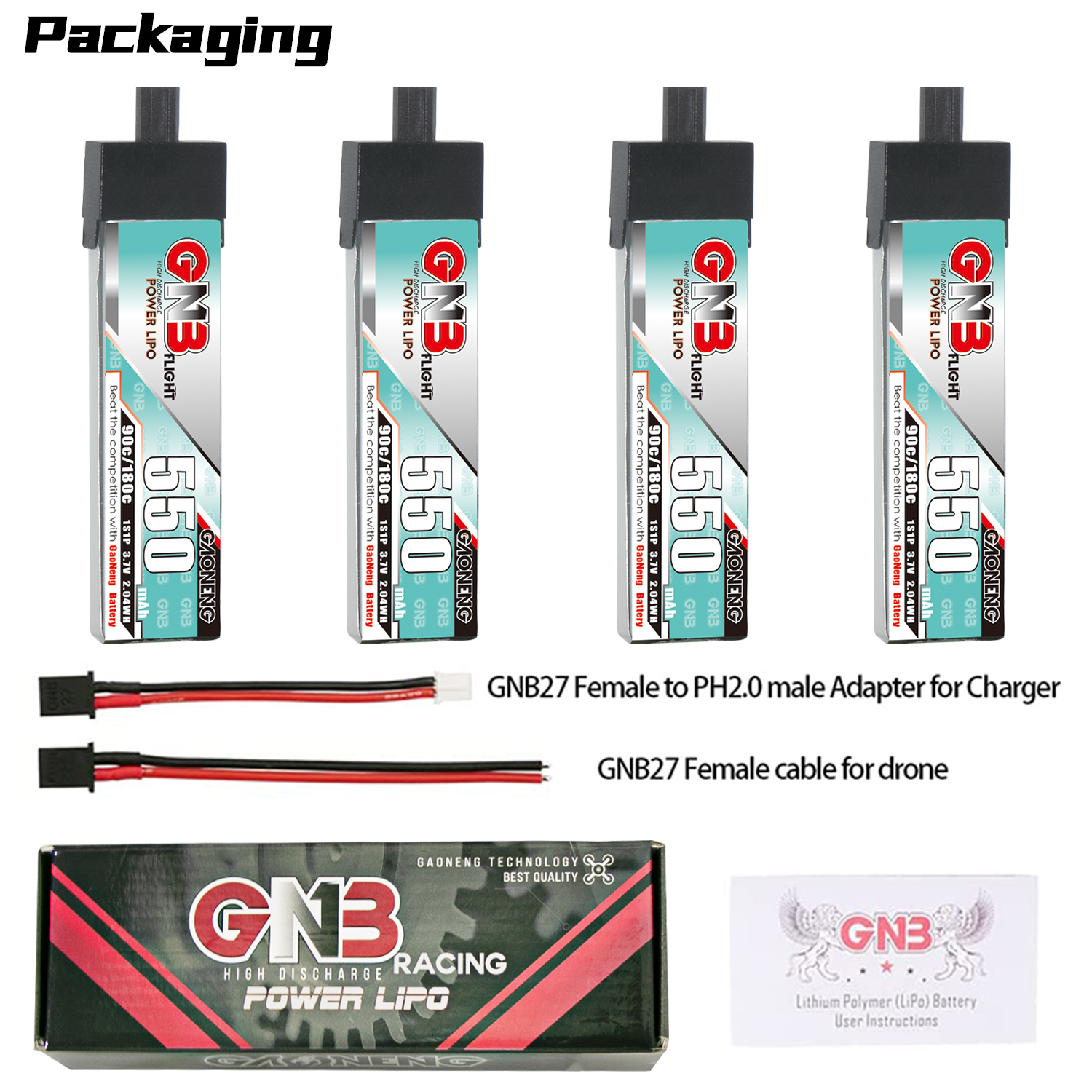 4PCS - GAONENG GNB LiHV 1S 3.7V 550mAh 90C GNB27 With Plastic Head LiPo Battery