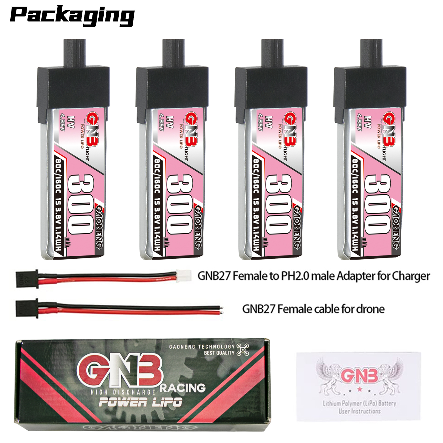 4PCS - GAONENG GNB LiHV 1S 3.8V 300mAh 80C GNB27 with Plastic Head LiPo Battery