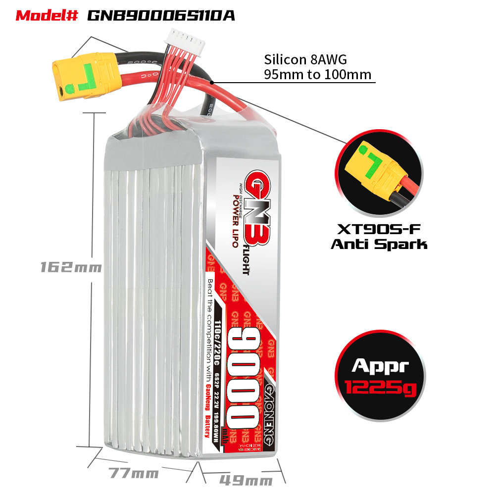GAONENG GNB 6S 22.2V 9000mAh 110C RC LiPo Battery XT90S Anti Spark