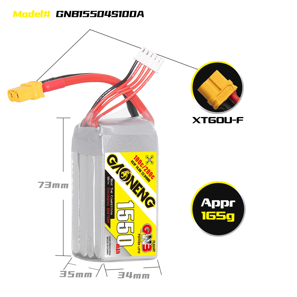 2PCS - GAONENG GNB 4S 14.8V 1550mAh 100C XT60 LiPo Battery