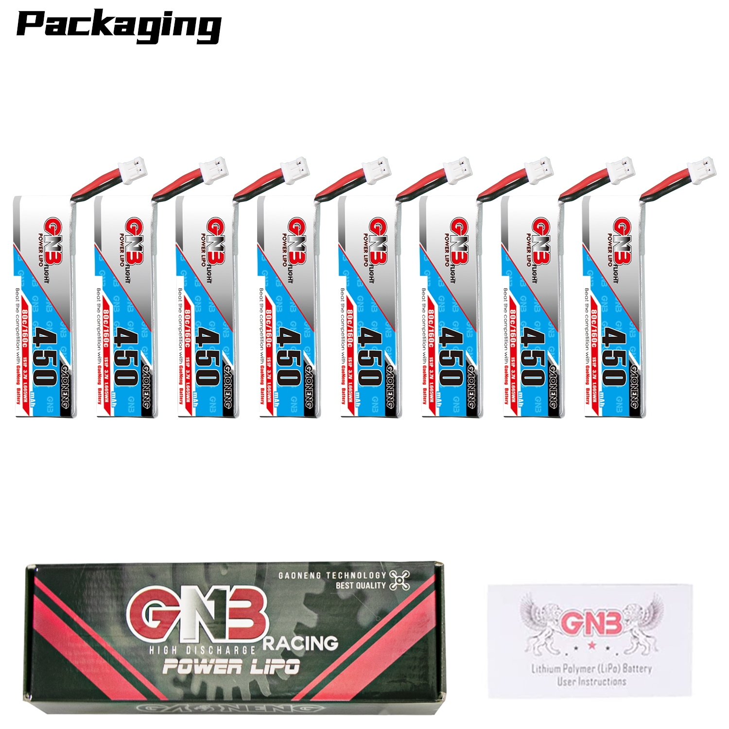 GAONENG GNB 1S 3.7V 450mAh 80C PH2.0 Cabled LiPo Battery Long Type