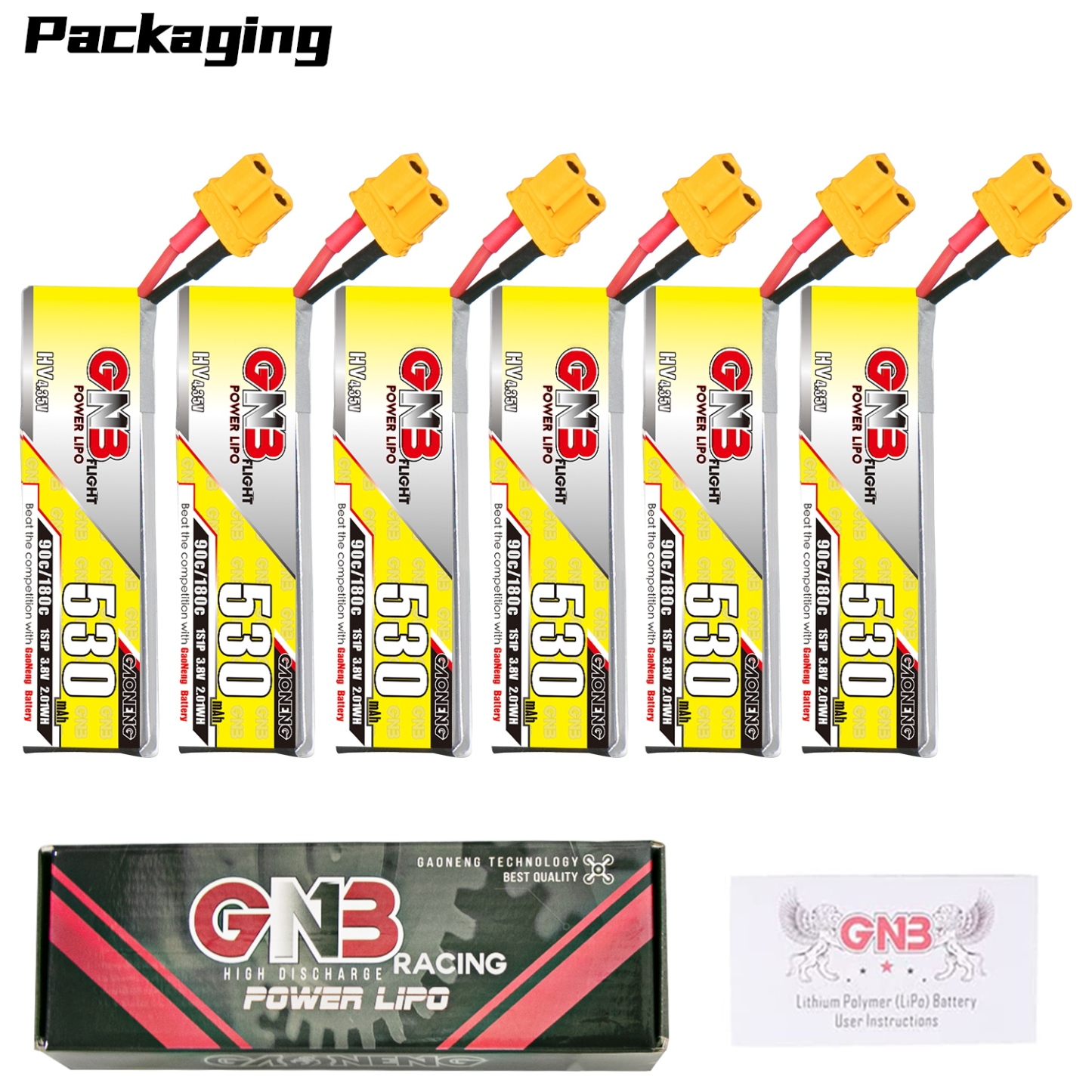 GAONENG GNB LiHV 1S 3.8V 530mAh 90C XT30 Cabled LiPo Battery