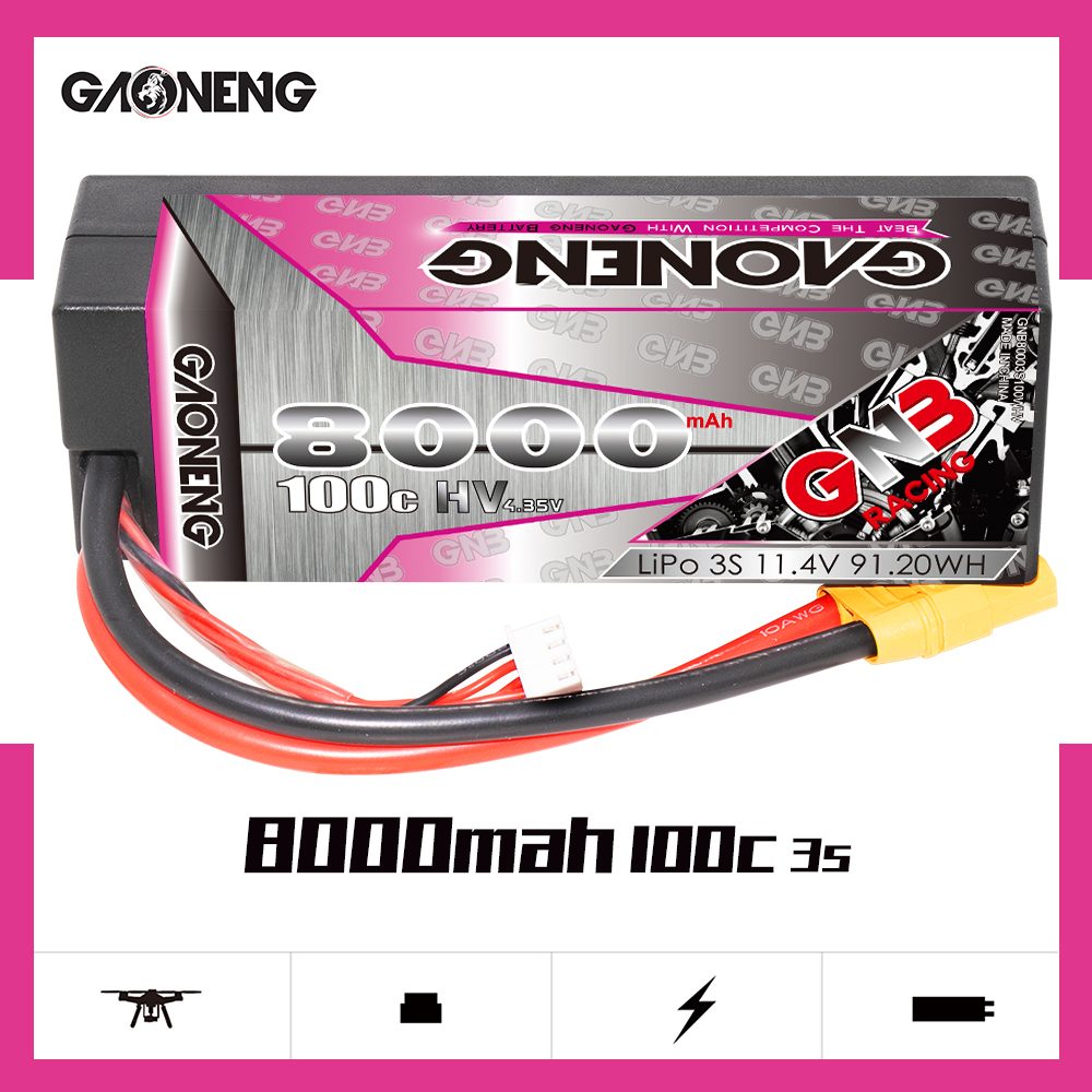 GAONENG GNB LiHV 3S 11.4V 8000mAh 100C Cabled Hard Case LiPo Battery XT90