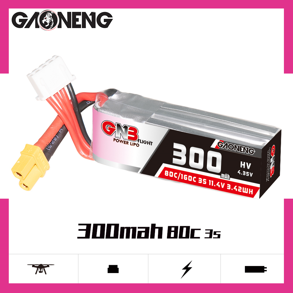 2PCS - GAONENG GNB LiHV 3S 11.4V 300mAh 80C XT30 LiPo Battery