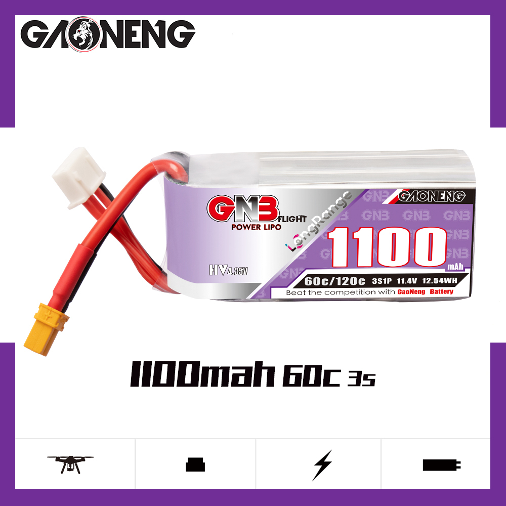 2PCS - GAONENG GNB LiHV 3S 11.4V 1100mAh 60C XT30 LiPo Battery LongRange