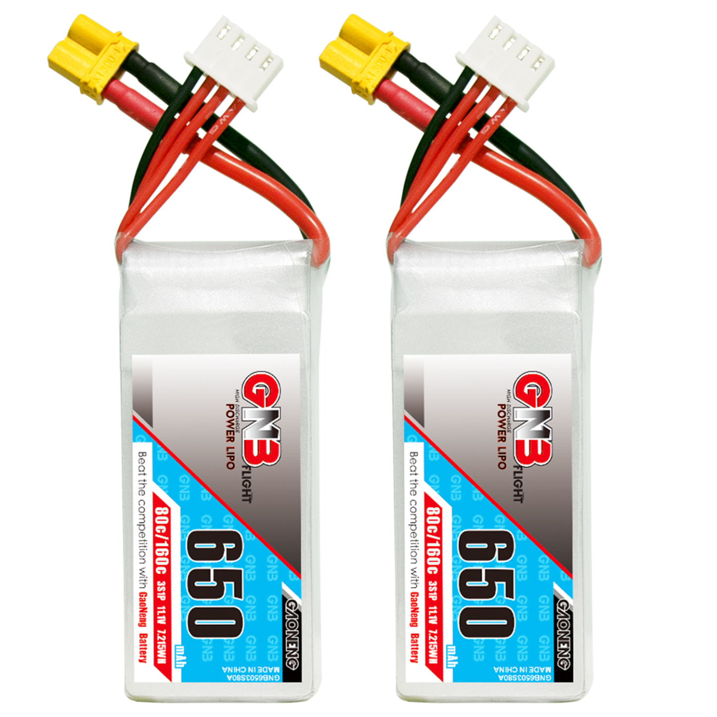 2PCS - GAONENG GNB 3S 11.1V 650mAh 80C XT30 LiPo Battery
