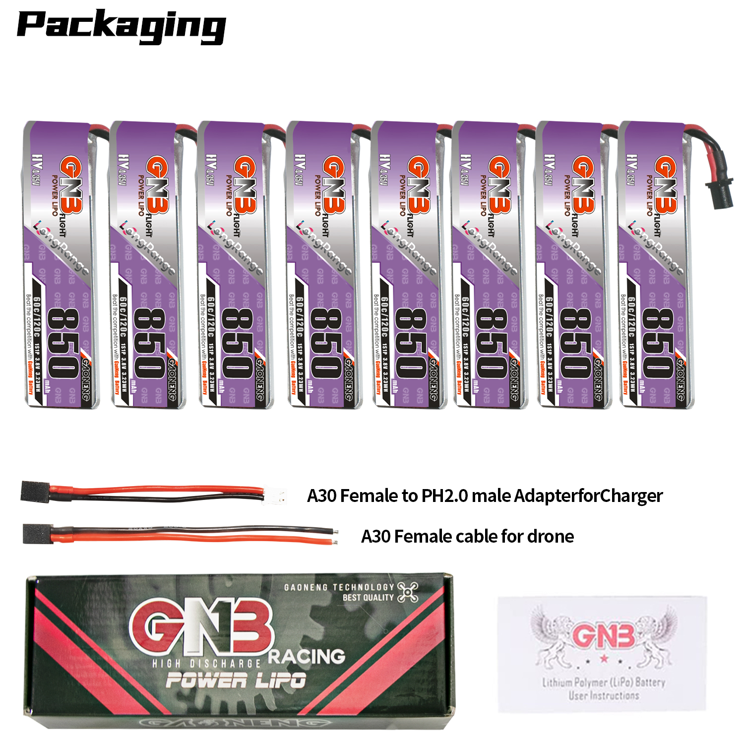 GAONENG GNB LiHV 1S 3.8V 850mAh 60C A30 Cabled LiPo Battery Long Range