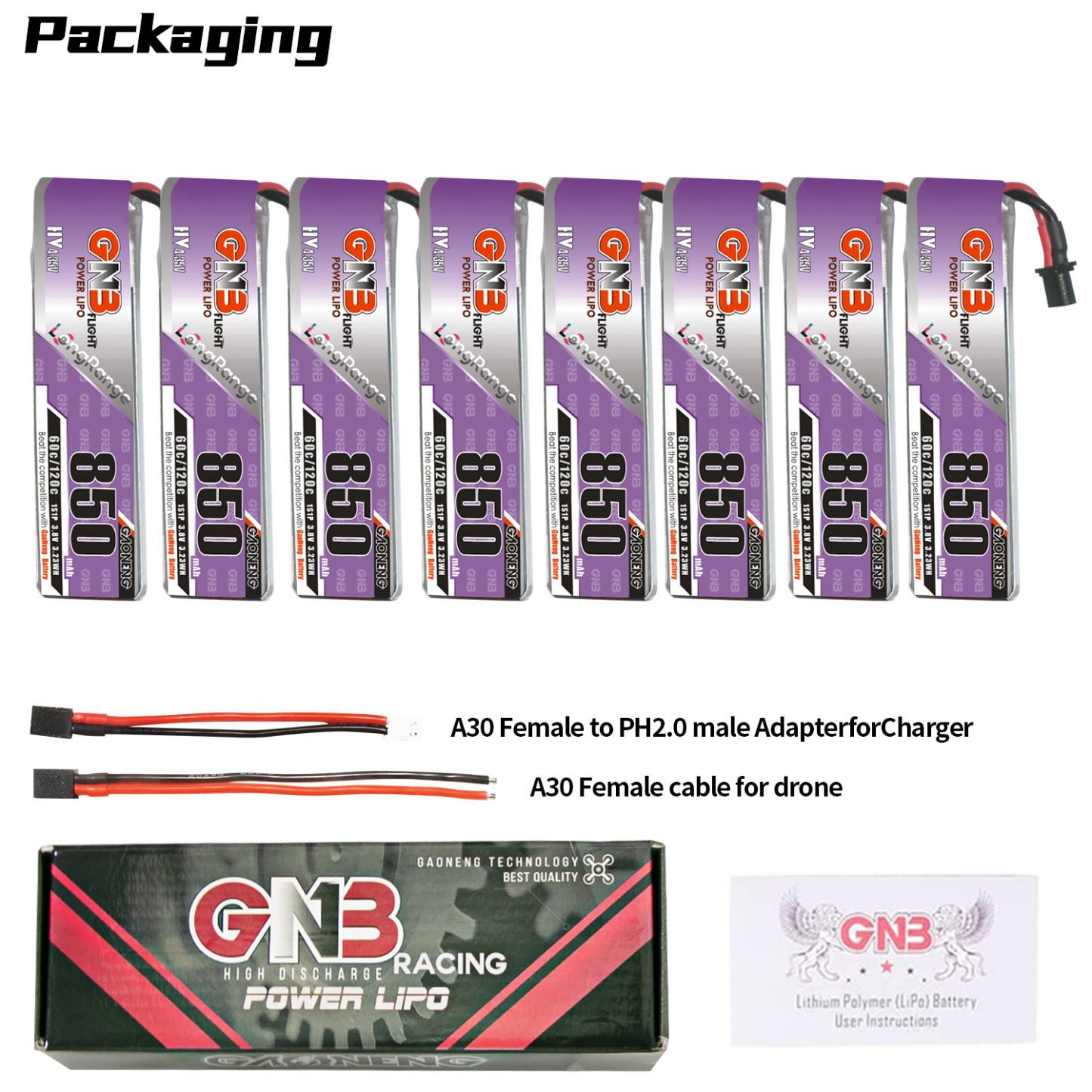 GAONENG GNB LiHV 1S 3.8V 850mAh 60C A30 Cabled LiPo Battery Long Range