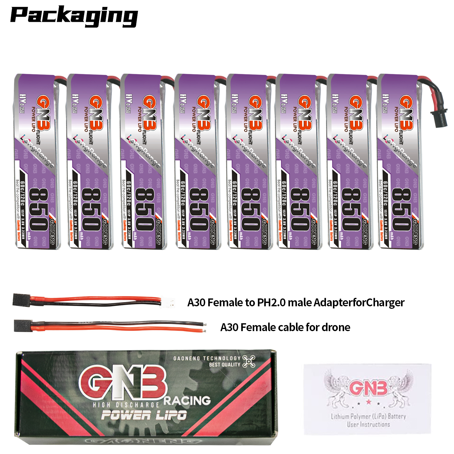 GAONENG GNB LiHV 1S 3.8V 850mAh 60C A30 Cabled LiPo Battery Long Range