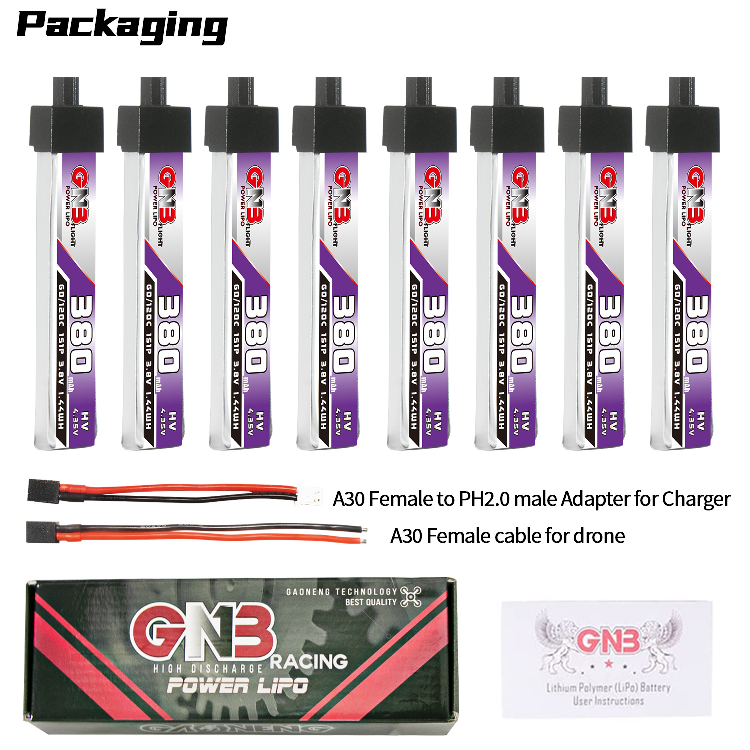 GAONENG GNB LiHV 1S 3.8V 380mAh 60C A30 Plastic Head LiPo Battery