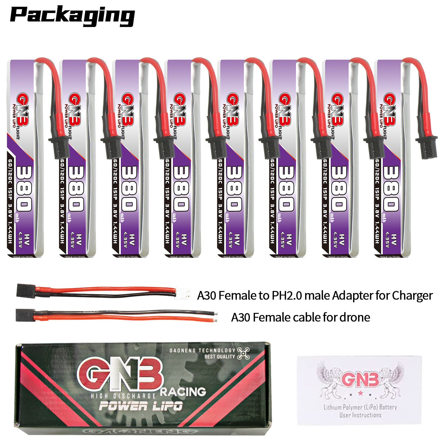 GAONENG GNB LiHV 1S 3.8V 380mAh 60C A30 Cabled LiPo Battery