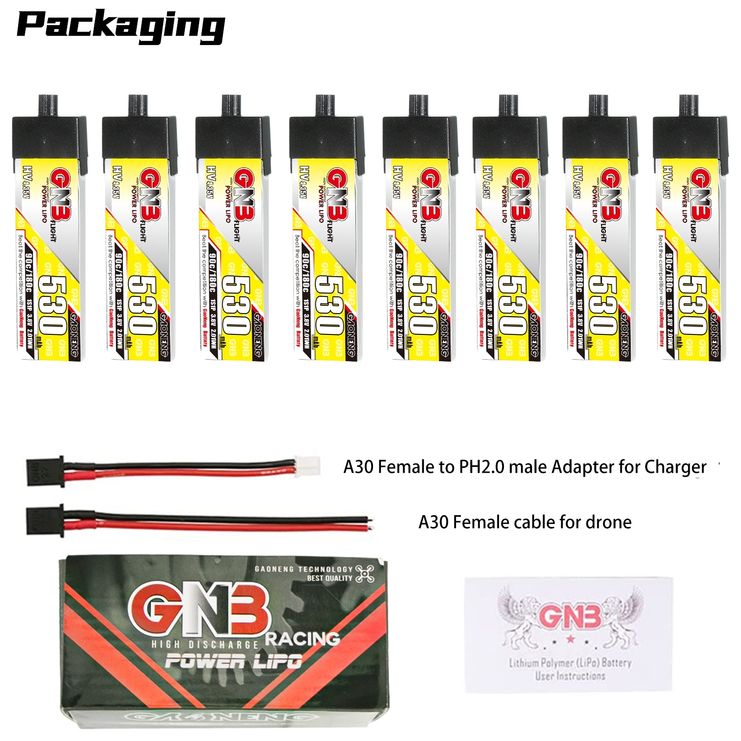 GAONENG GNB LiHV 1S 3.8V 530mAh 90C A30 Plastic Head LiPo Battery