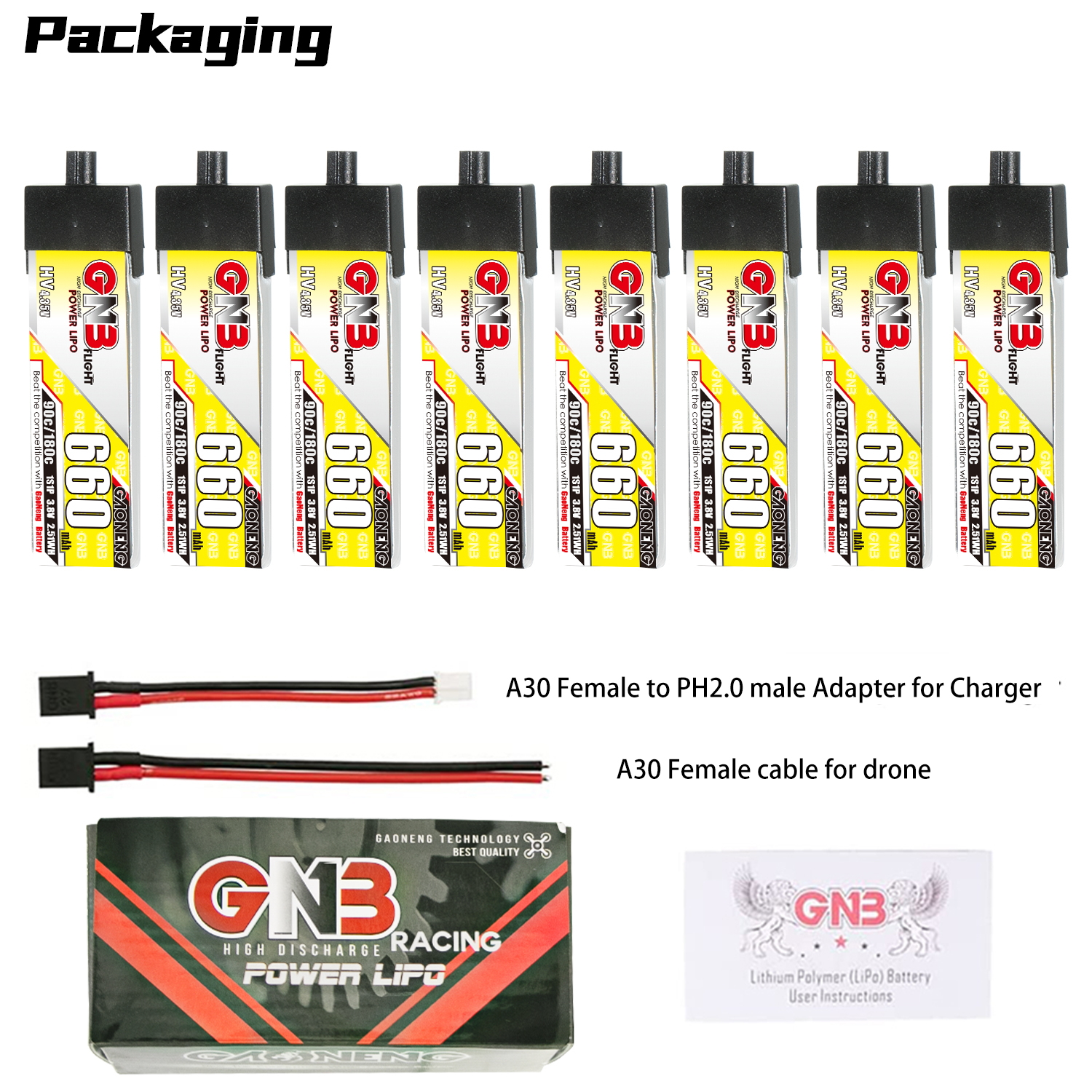 GAONENG GNB LiHV 1S 3.8V 660mAh 90C A30 Plastic Head LiPo Battery