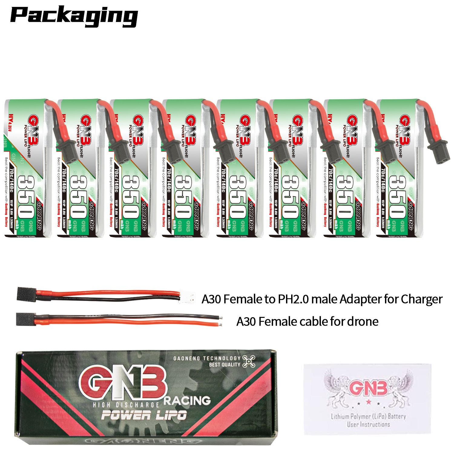 GAONENG GNB LiHV 1S 3.8V 350mAh 70C A30 Cabled LiPo Battery