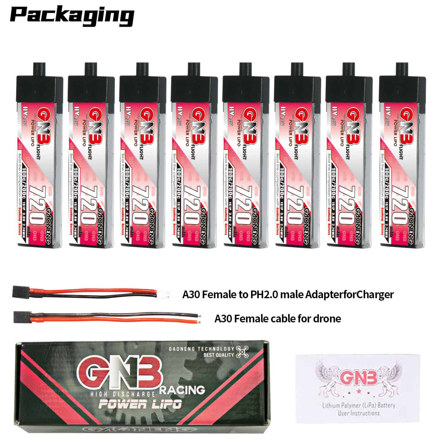 GAONENG GNB LiHV 1S 3.8V 720mAh 100C A30 Plastic Head LiPo Battery