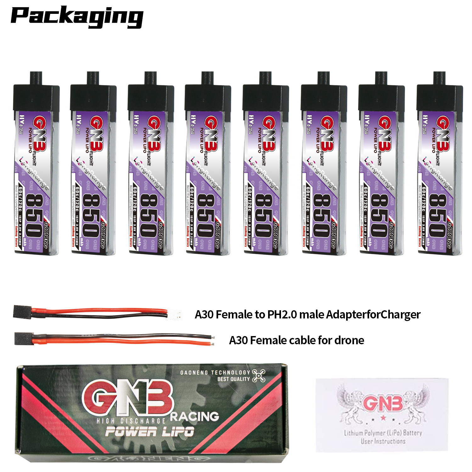 GAONENG GNB LiHV 1S 3.8V 850mAh 60C A30 Plastic Head LiPo Battery Long Range