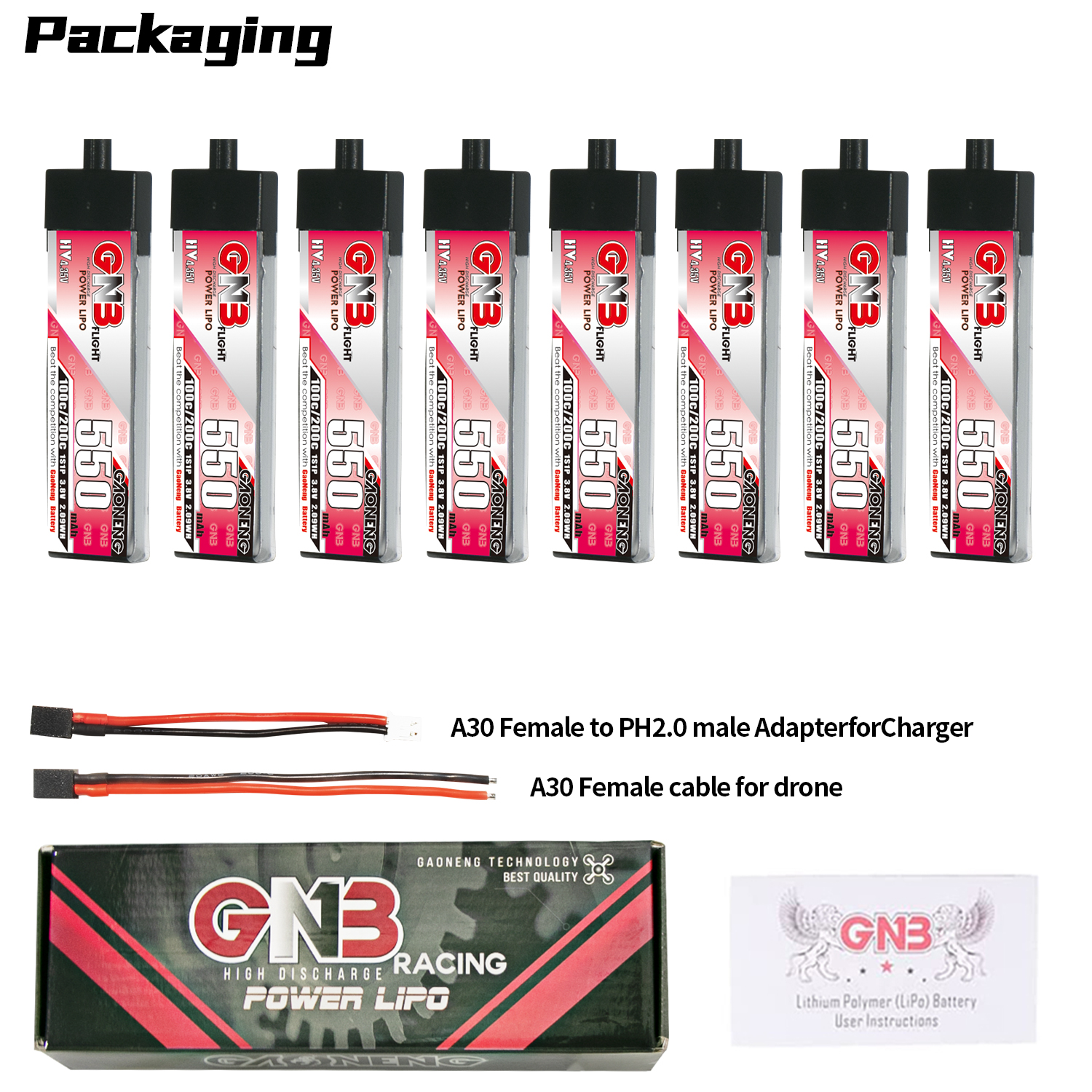 GAONENG GNB LiHV 1S 3.8V 550mAh 100C A30 Plastic Head LiPo Battery