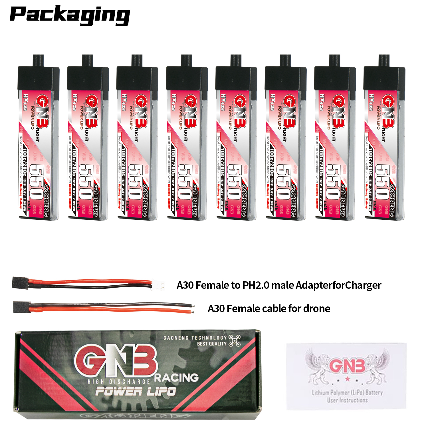 GAONENG GNB LiHV 1S 3.8V 550mAh 100C A30 Plastic Head LiPo Battery