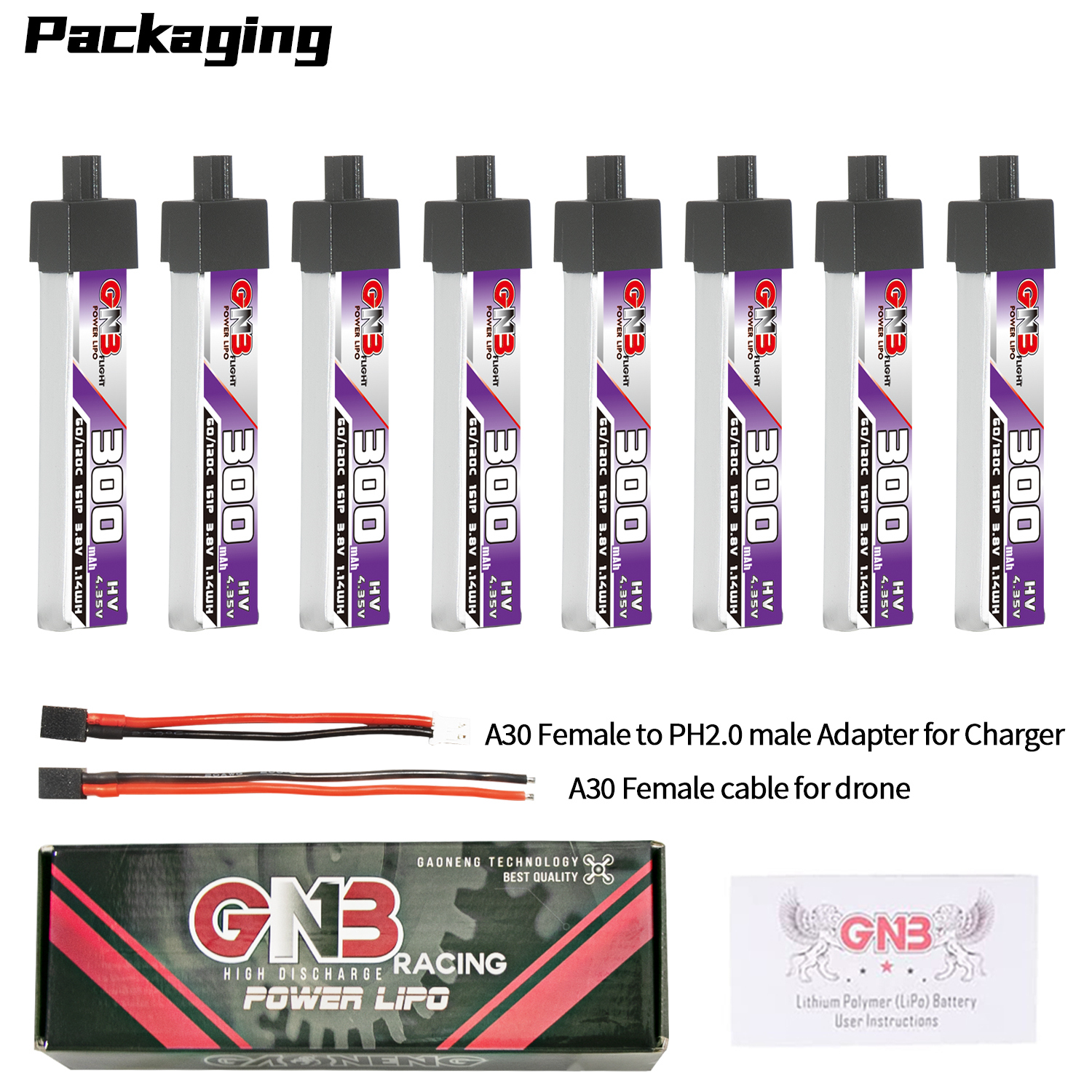 GAONENG GNB LiHV 1S 3.8V 300mAh 60C A30 Plastic Head LiPo Battery