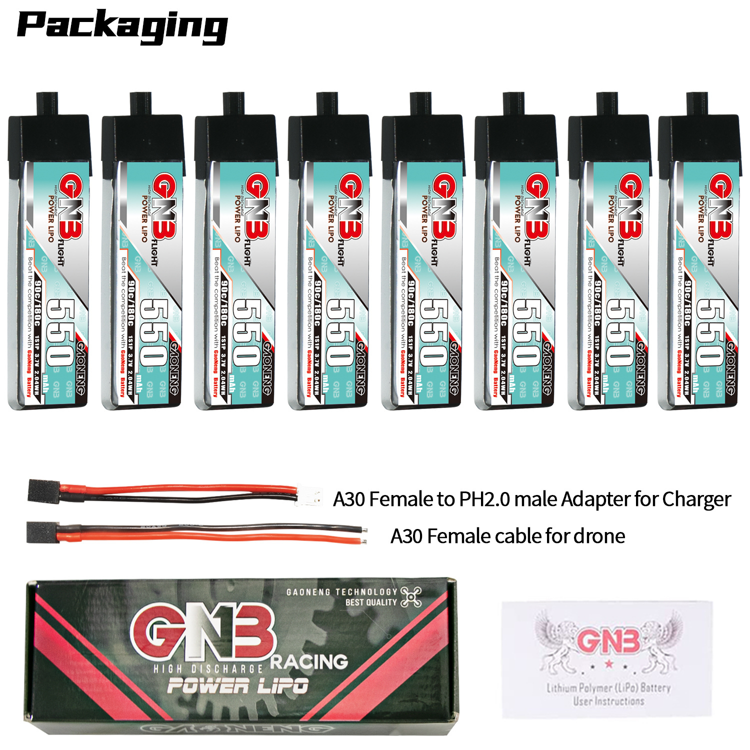 GAONENG GNB 1S 3.7V 550mAh 90C A30 Plastic Head LiPo Battery