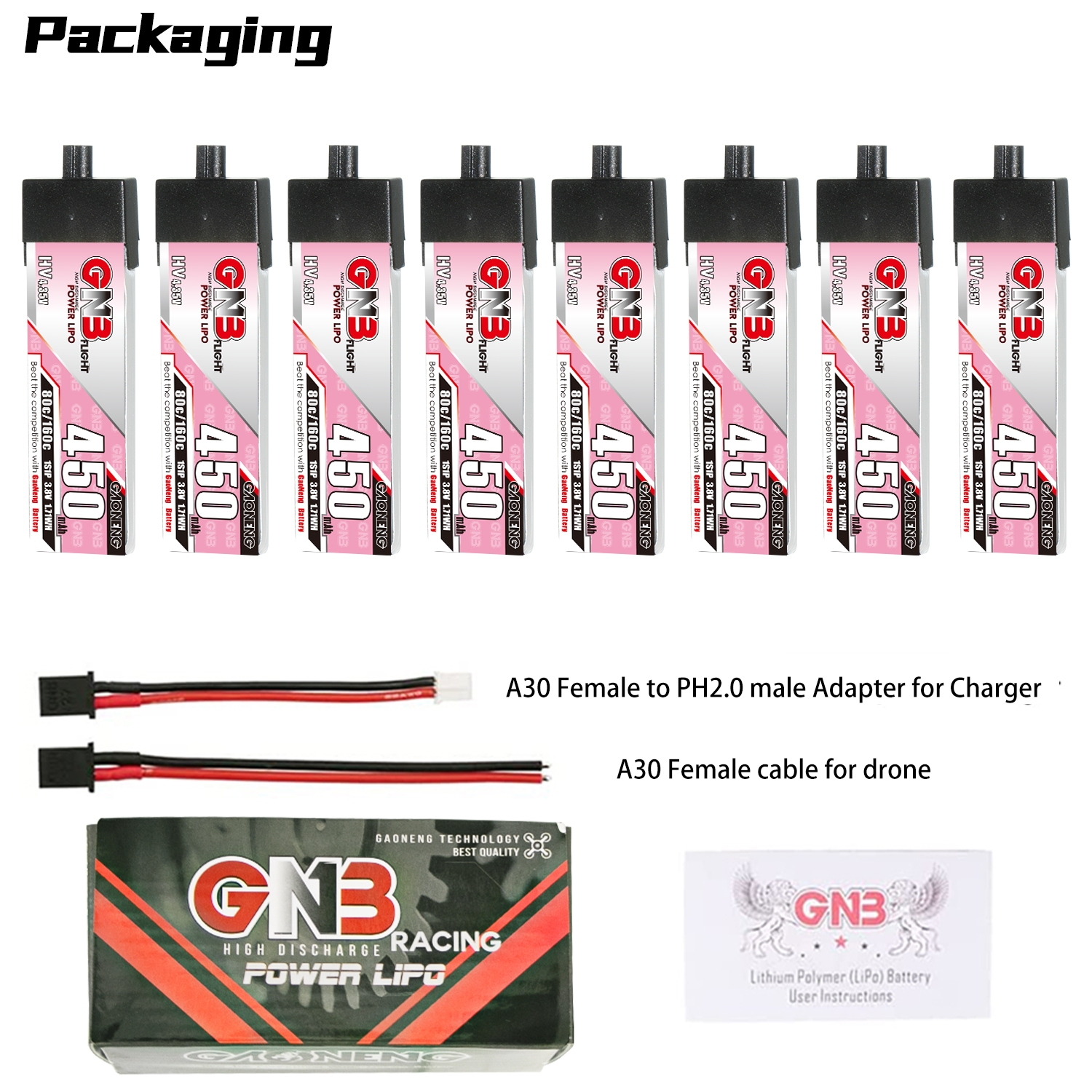 GAONENG GNB LiHV 1S 3.8V 450mAh 80C A30 Plastic Head LiPo Battery