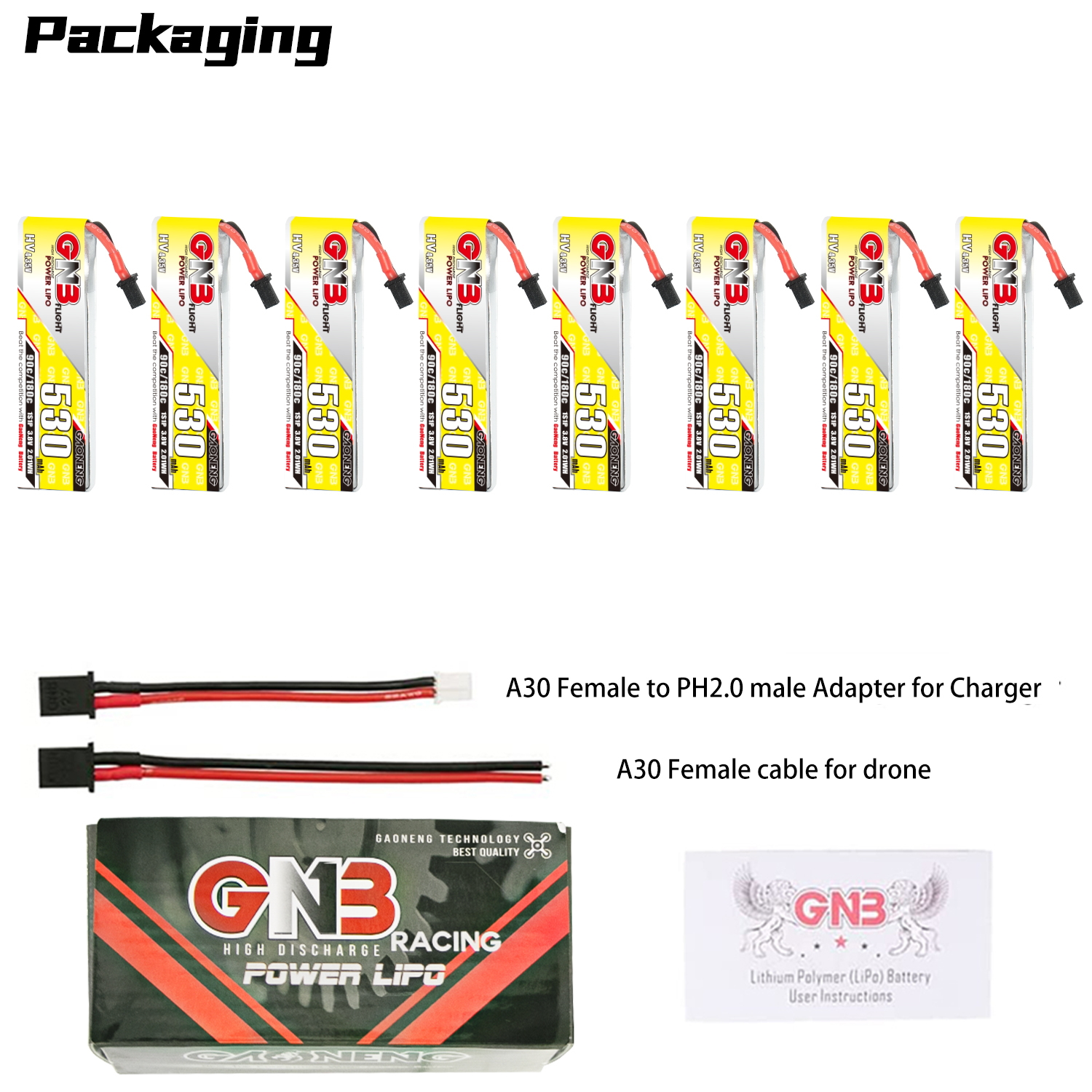 GAONENG GNB LiHV 1S 3.8V 530mAh 90C A30 Cabled LiPo Battery