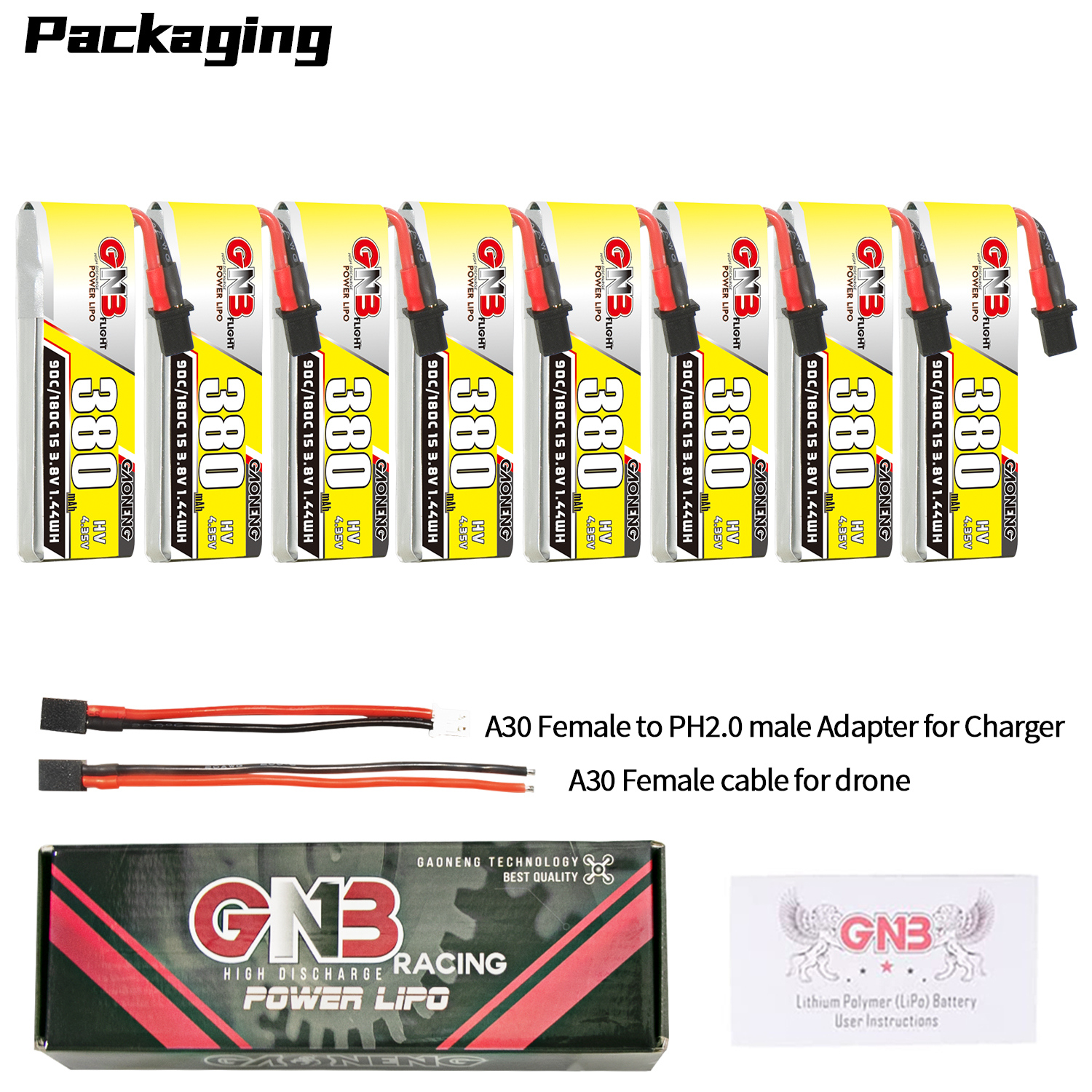 GAONENG GNB LiHV 1S 3.8V 380mAh 90C A30 Cabled LiPo Battery