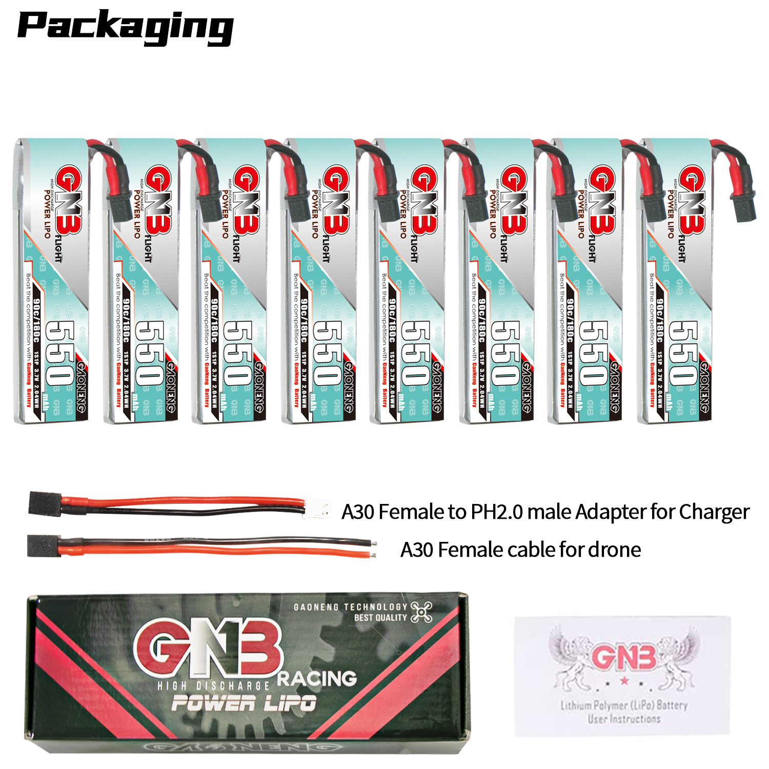 GAONENG GNB 1S 3.7V 550mAh 90C A30 Cabled LiPo Battery Long Type