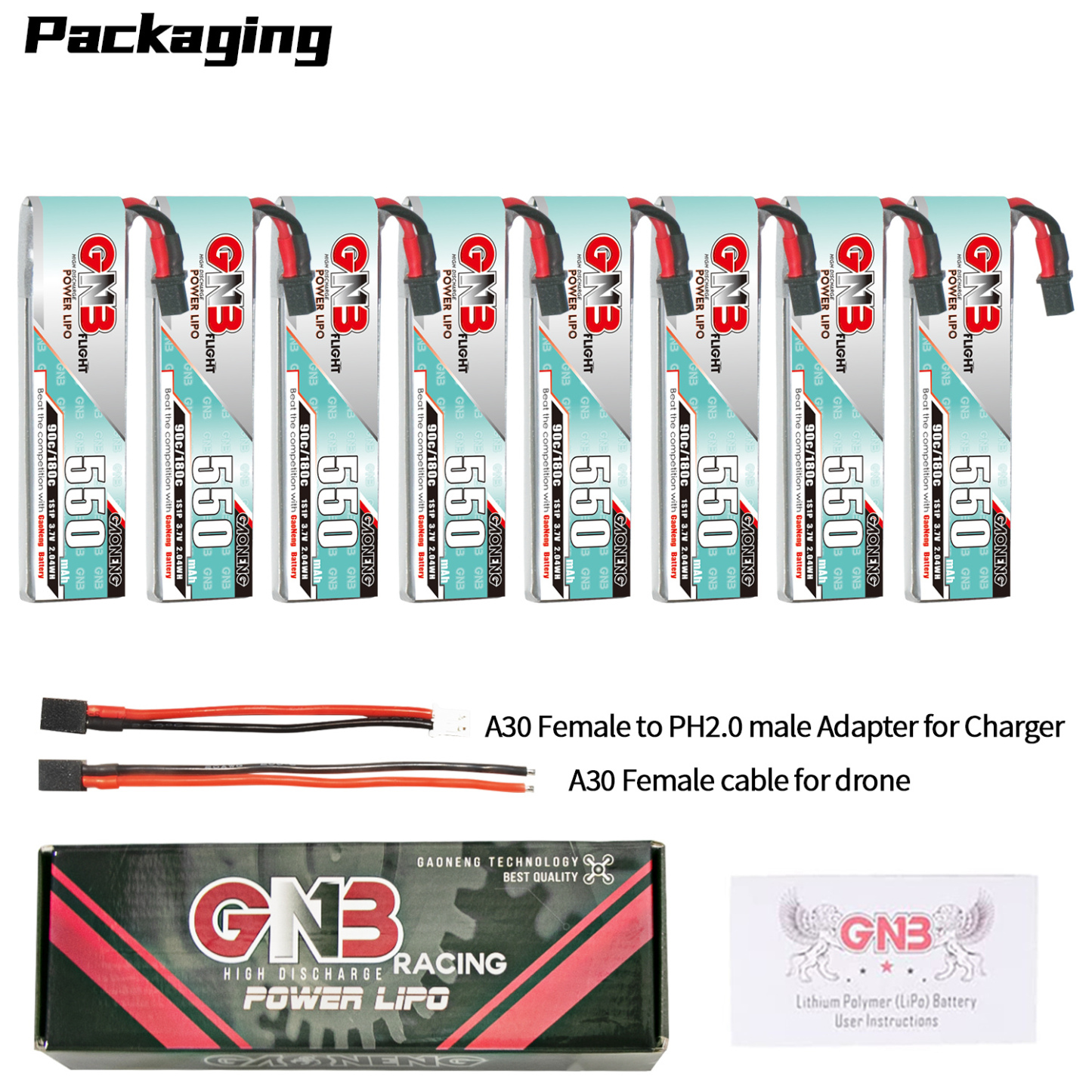 GAONENG GNB 1S 3.7V 550mAh 90C A30 Cabled LiPo Battery Long Type