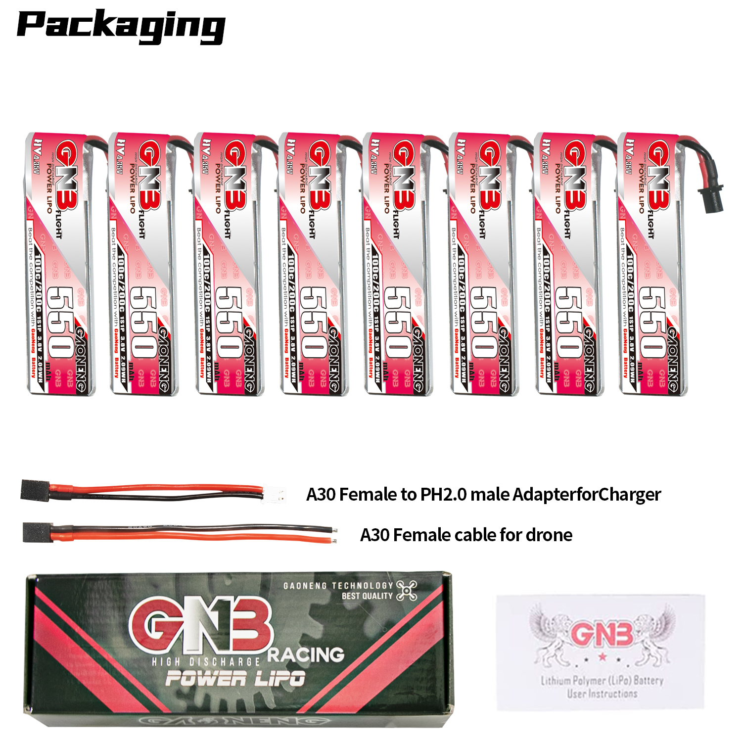 GAONENG GNB LiHV 1S 3.8V 550mAh 100C A30 Cabled LiPo Battery