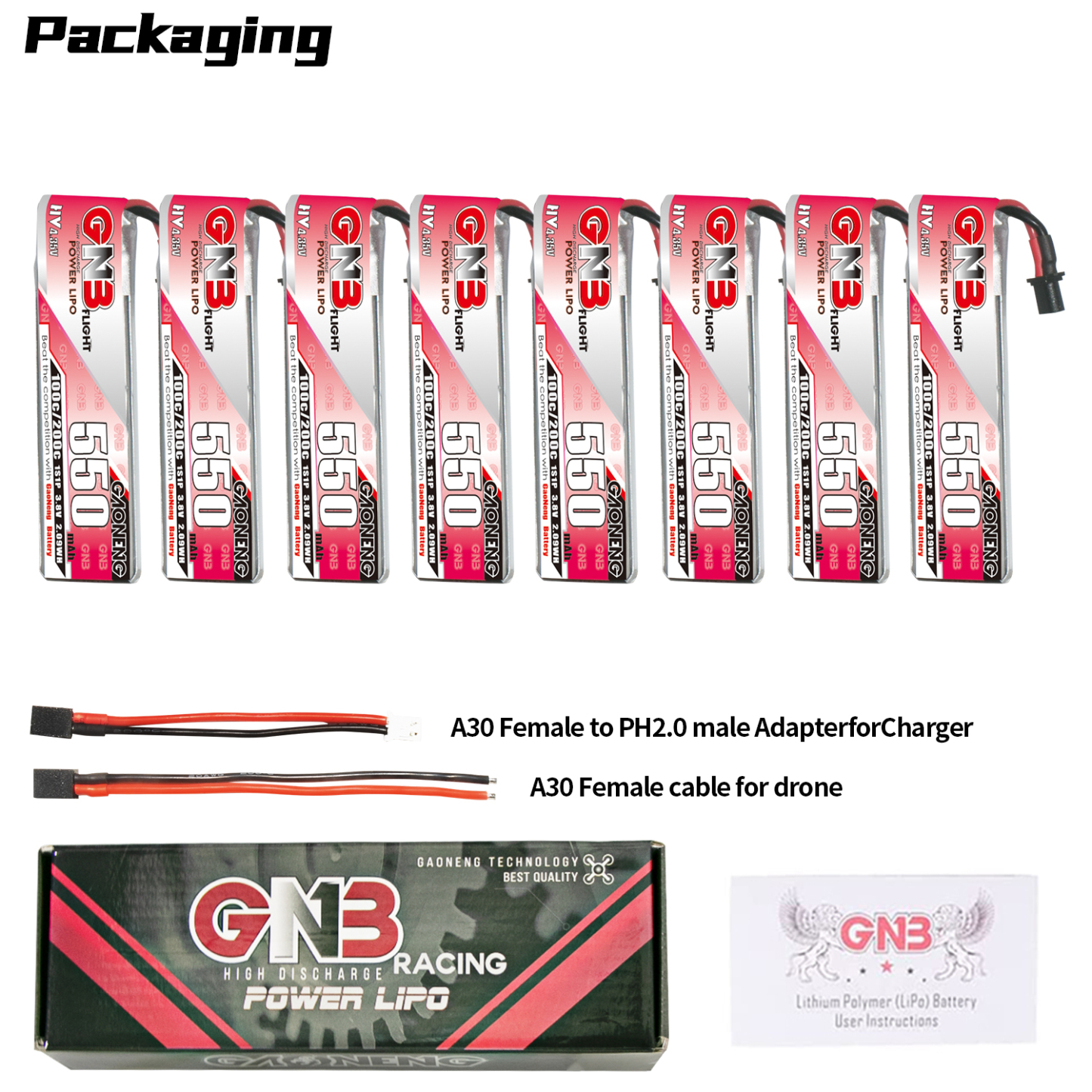 GAONENG GNB LiHV 1S 3.8V 550mAh 100C A30 Cabled LiPo Battery