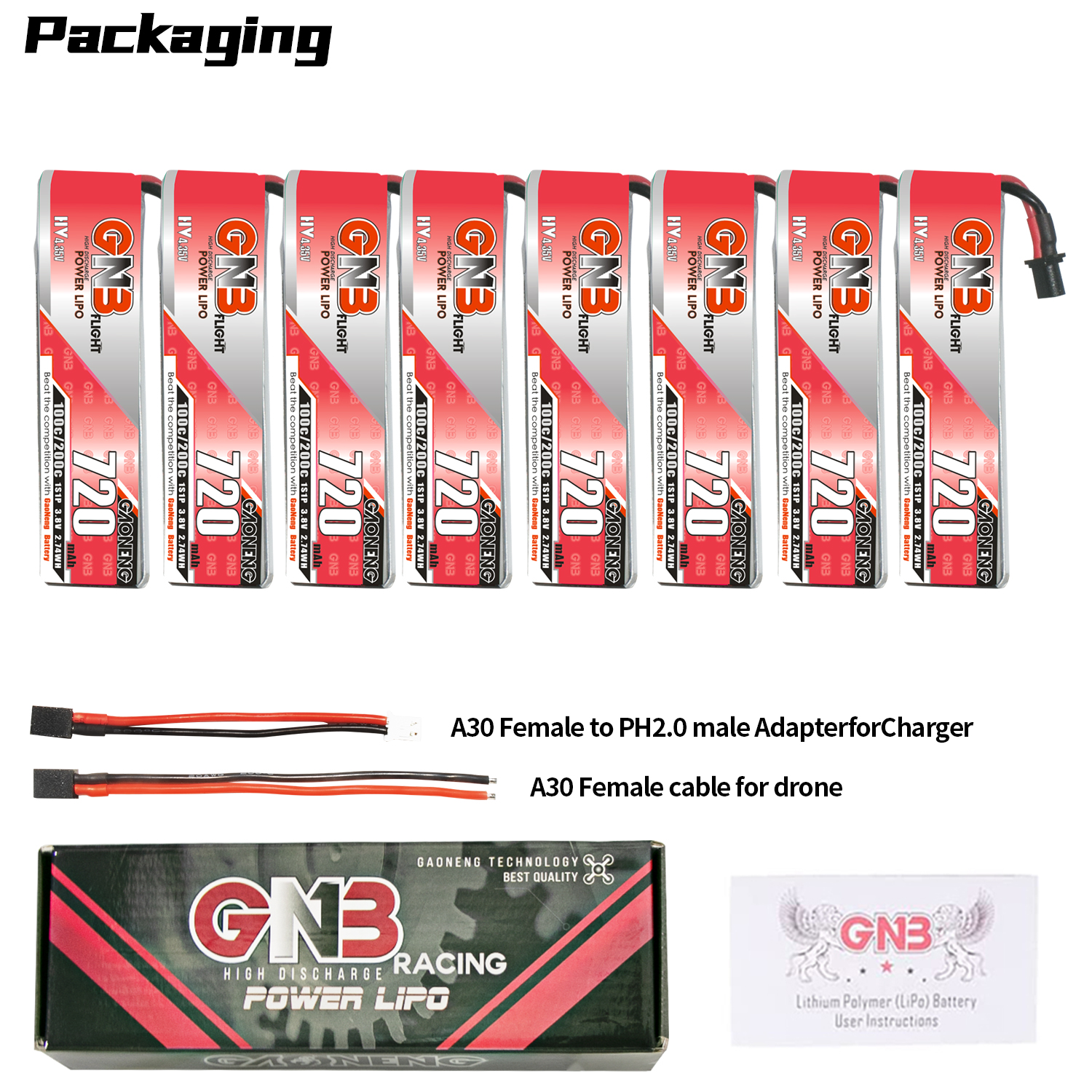 GAONENG GNB LiHV 1S 3.8V 720mAh 100C A30 Cabled LiPo Battery