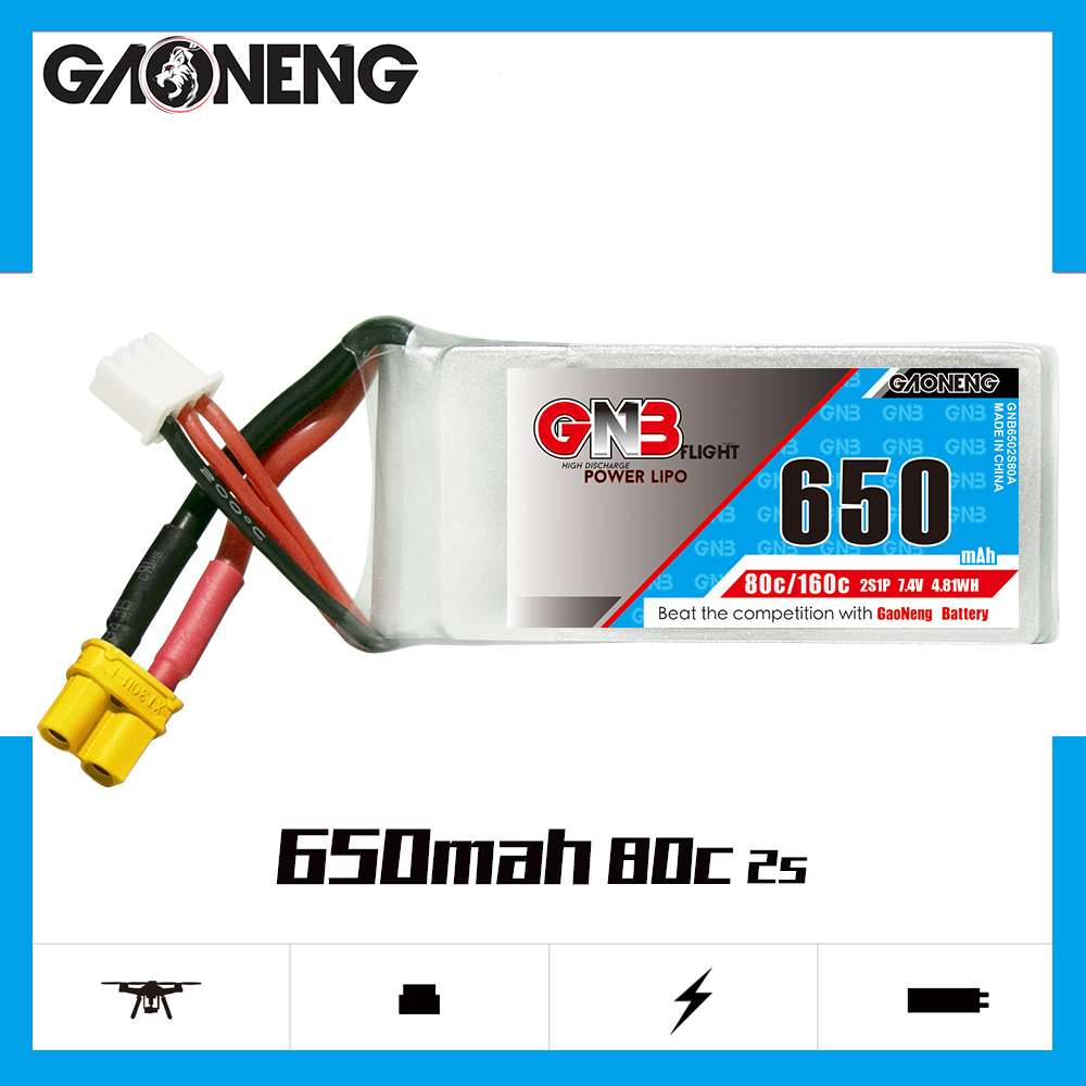 4PCS - GAONENG GNB 2S 7.4V 650mAh 80C XT30 LiPo Battery